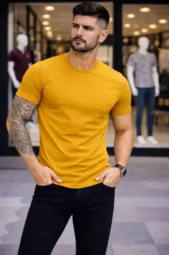 Erkek T-Shirt Bisiklet Yaka Slim Fit Dar Kesim Likralı Tişört Günlük Basic Body - Limon - 2XL - Limon