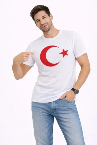 Erkek T-Shirt Kısa Kol Bisiklet Yaka Ay Yıldız Bayrak Baskılı Tişört - Beyaz - 2XL - Beyaz