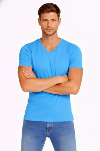 Erkek T-Shirt V Yaka Slim Fit Dar Kesim Likralı Tişört Günlük Basic Body - Açık Mavi - M - Açık Mavi