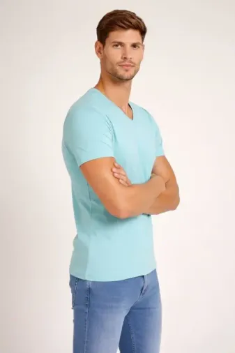 Erkek T-Shirt V Yaka Slim Fit Dar Kesim Likralı Tişört Günlük Basic Body - Turkuvaz - S - Turkuaz
