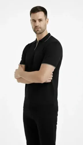 Erkek Triko Kumaş Yakalı Düğmesiz Açık Yaka Fitilli Kısa Kollu Regular Fit Tişört T-shirt - Siyah - S - Siyah