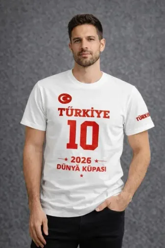 Erkek TÜRKİYE Baskılı Tişört 2026 Dünya Kupası Taraftar Forma T-Shirt - Beyaz - XS - Beyaz