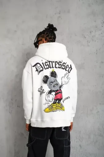 Erkek Üç İplik Baskılı Kapüşonlu Sweat - Beyaz - XL - Beyaz