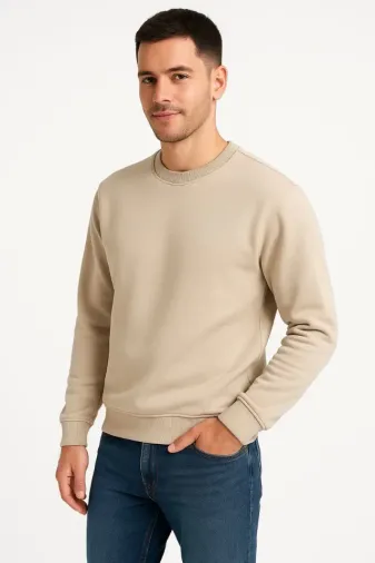 Erkek Üç İplik Düz Bisiklet Yaka SweatShirt - Bej - L - Bej