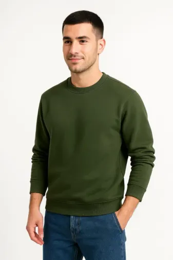 Erkek Üç İplik Düz Bisiklet Yaka SweatShirt - Haki - S - Haki