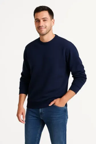 Erkek Üç İplik Düz Bisiklet Yaka SweatShirt - Lacivert - 2XL - Lacivert