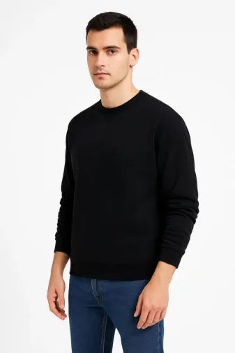 Erkek Üç İplik Düz Bisiklet Yaka SweatShirt - Siyah - L - Siyah