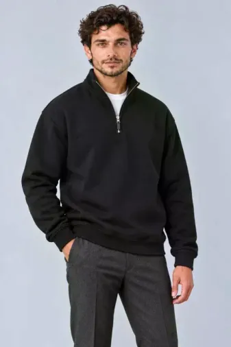 Erkek Üç İplik İçi Şardonlu Dik Yaka Yarım Fermuarlı Kışlık Sweatshirt - Siyah - L - Siyah