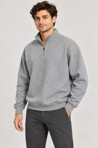 Erkek Üç İplik İçi Şardonlu Dik Yaka Yarım Fermuarlı Kışlık Sweatshirt - Grİ - M - Gri