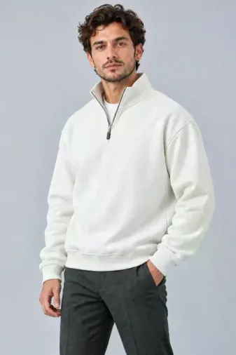 Erkek Üç İplik İçi Şardonlu Dik Yaka Yarım Fermuarlı Kışlık Sweatshirt - Beyaz - M - Beyaz