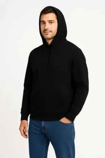 Erkek Üç İplik Kapüşonlu Kanguru Cepli SweatShirt Hoodie - Siyah - XL - Siyah