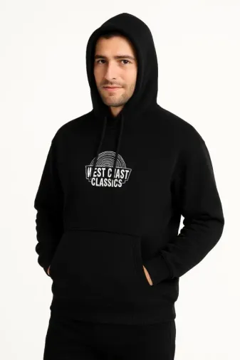 Erkek Üç İplik Kapüşonlu Ön Ve Arka Baskılı SweatShirt Hoodie - Siyah - S - Siyah