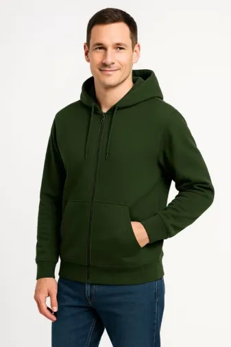 Erkek Üç İplik Kapüşonlu Tam Fermuarlı Kanguru Çepli SweatShirt Hoodie - Haki - XL - Haki