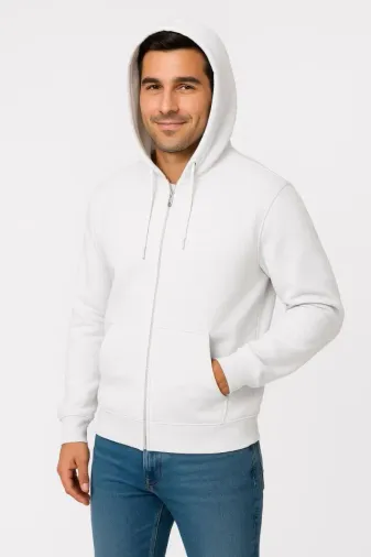 Erkek Üç İplik Kapüşonlu Tam Fermuarlı Kanguru Çepli SweatShirt Hoodie - Beyaz - L - Beyaz