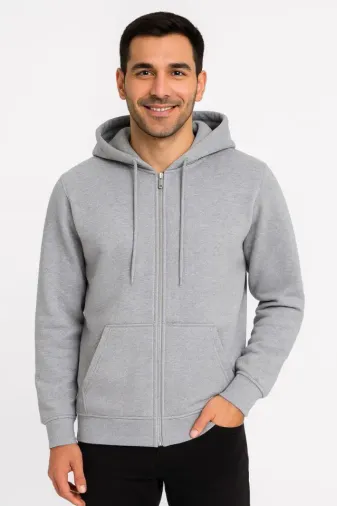 Erkek Üç İplik Kapüşonlu Tam Fermuarlı Kanguru Çepli SweatShirt Hoodie - Gri - L - Gri