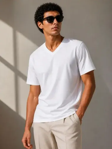 Erkek V Yaka Basic Tişört Kısa Kol Yazlık Regular Fit T-Shirt - Beyaz - S - Beyaz