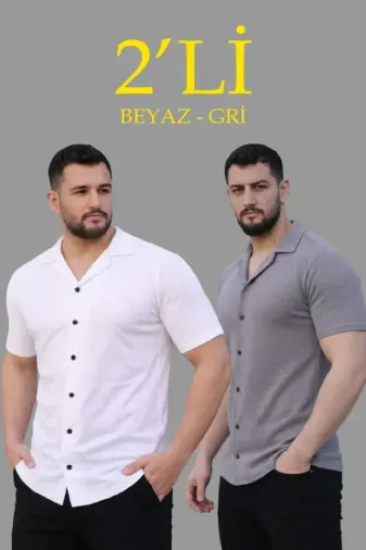 Erkek Waffle Dokuma Açık Yakalı Düğmeli Regular Kalıp 2’li Gömlek Seti - Beyaz - Gri - M - Çok Renkli