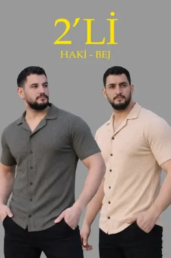 Erkek Waffle Dokuma Açık Yakalı Düğmeli Regular Kalıp 2’li Gömlek Seti - Haki - Bej - XS - Çok Renkli