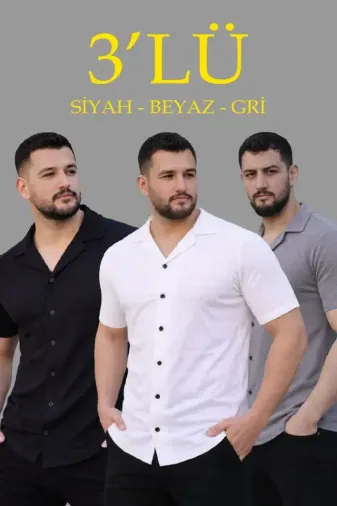 Erkek Waffle Dokuma Açık Yakalı Düğmeli Regular Kalıp 3’lü Gömlek Seti - Siyah, Beyaz, Gri - 2XL - Çok Renkli