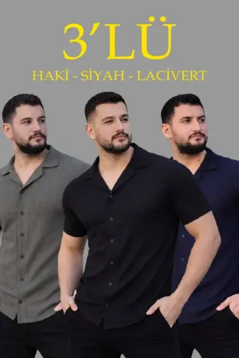 Erkek Waffle Dokuma Açık Yakalı Düğmeli Regular Kalıp 3’lü Gömlek Seti - Siyah, Haki, Lacivert - XL - Çok Renkli