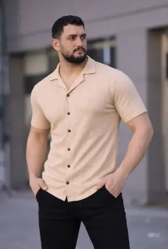 Erkek Waffle Kumaş Kısa Kollu Düğmeli Açık Yaka Regular Fit Gömlek - Bej - L - Bej