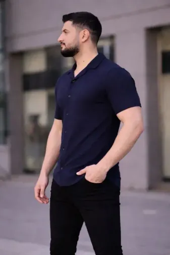 Erkek Waffle Kumaş Kısa Kollu Düğmeli Açık Yaka Regular Fit Gömlek - Lacivert - 2XL - Lacivert