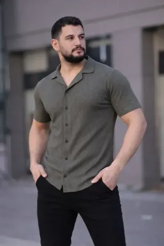 Erkek Waffle Kumaş Kısa Kollu Düğmeli Açık Yaka Regular Fit Gömlek - Haki - L - Haki