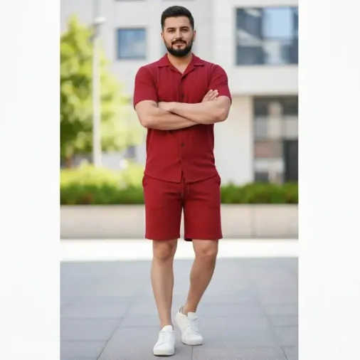 Erkek Waffle Kumaş Kısa Kollu Gömlek Şort Takım Regular Fit Yazlık İkili Set - Bordo - S - Bordo