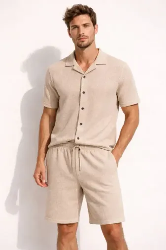 Erkek Waffle Kumaş Kısa Kollu Gömlek Şort Takım Regular Fit Yazlık İkili Set - Bej - XL - Bej