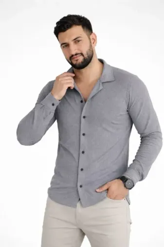 Erkek Waffle Kumaş Uzun Kollu Düğmeli Açık Yaka Regular Fit Gömlek - Füme - XL - Füme