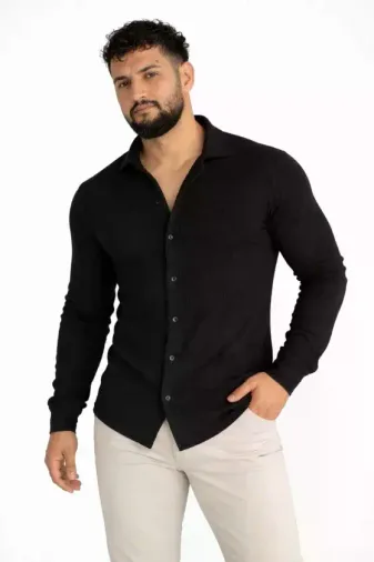 Erkek Waffle Kumaş Uzun Kollu Düğmeli Açık Yaka Regular Fit Gömlek - Siyah - 2XL - Siyah