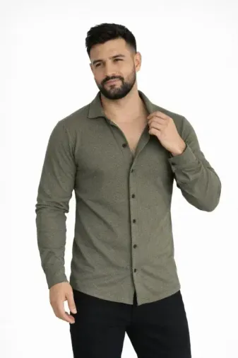 Erkek Waffle Kumaş Uzun Kollu Düğmeli Açık Yaka Regular Fit Gömlek - Haki - 2XL - Haki