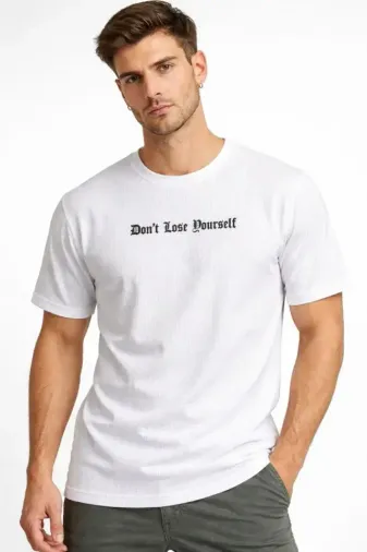 Erkek Wafıl Kumaş Tişört Regular Kalıp Bisiklet Yaka Baskılı Günlük Basic T-Shirt - Beyaz - S - Beyaz