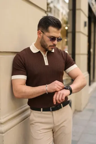 Erkek Yaka Ve Kol Detaylı Fermuar Yakalı Çizgi Desen Kısa Kollu Triko Tişört - 2XL - Acı Kahve