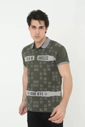 Erkek Yakalı Slim Fit Baskılı T-Shirt - Haki - S - Haki