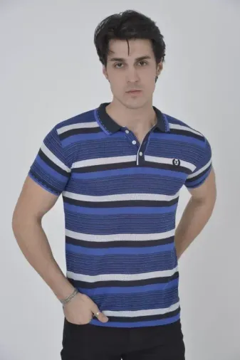 Erkek Yakalı Slim Fit Dokuma Çizgili T-Shirt - Mavi - S - Mavi