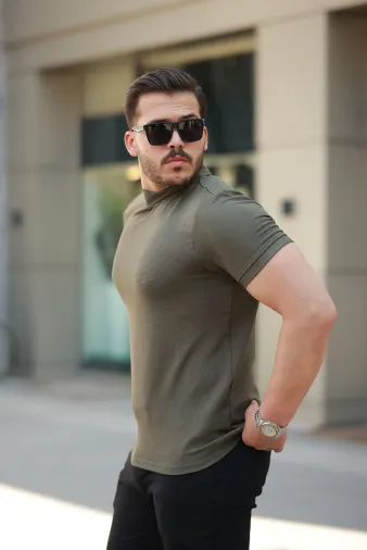 Erkek Yarım Balıkçı Yaka Kısa Kollu T-shirt - S - Haki