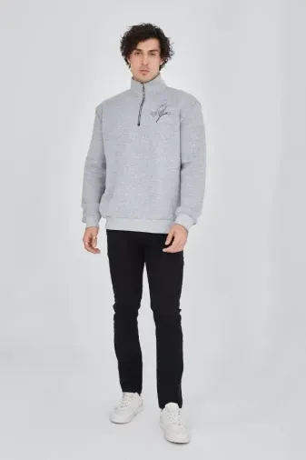 Erkek Yarım Fermuarlı Baskılı Sweat - Gri - S - Gri