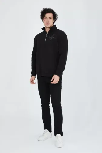 Erkek Yarım Fermuarlı Baskılı Sweat - Siyah - M - Siyah
