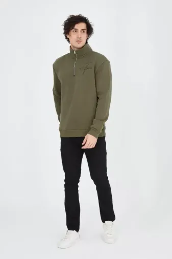 Erkek Yarım Fermuarlı Baskılı Sweat - Yeşil - XL - Yeşil