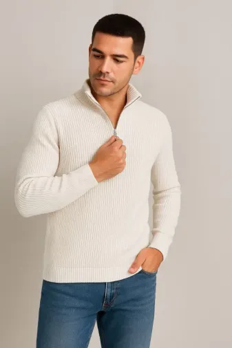 Erkek Yarım Fermuarlı Triko Kazak – Selanik Örgü, Dik Yaka, Pamuklu Dokuma, Regular Fit Uzun Kollu Kışlık Model - Beyaz - M - Beyaz