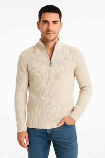 Erkek Yarım Fermuarlı Triko Kazak – Selanik Örgü, Dik Yaka, Pamuklu Dokuma, Regular Fit Uzun Kollu Kışlık Model - Bej - 2XL - Bej