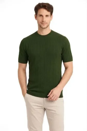 Erkek Yazlık Fitilli Triko Tişört Kısa Kol Bisiklet Yaka T-Shirt - Haki - 2XL - Haki