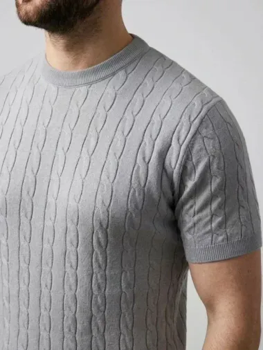 Erkek Yazlık Triko Dokuma Tişört Kısa Kol Bisiklet Yaka Örgü Desenli T-Shirt - Gri - S - Gri