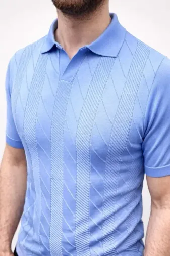 Erkek Yazlık Triko Dokuma Tişört Kısa Kol Polo Yaka T-Shirt - Bebek Mavisi - S - Bebek Mavisi