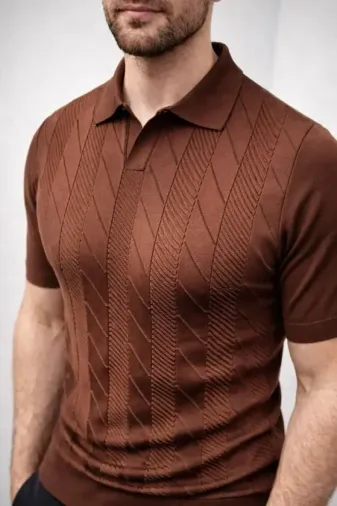 Erkek Yazlık Triko Dokuma Tişört Kısa Kol Polo Yaka T-Shirt - Kahverengi - S - Kahverengi