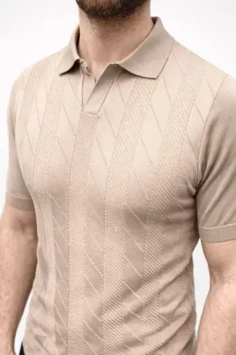 Erkek Yazlık Triko Dokuma Tişört Kısa Kol Polo Yaka T-Shirt - Bej - 2XL - Bej