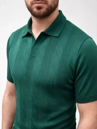 Erkek Yazlık Triko Dokuma Tişört Kısa Kol Polo Yaka T-Shirt - Koyu Yeşil - S - Koyu Yeşil