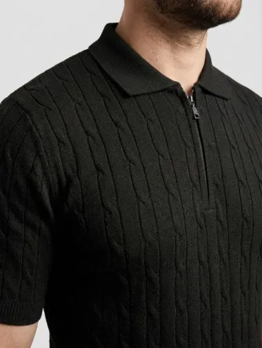 Erkek Yazlık Triko Saç Örgü Tişört Kısa Kol Polo Yaka Fermuarlı T-Shirt - Siyah - L - Bej