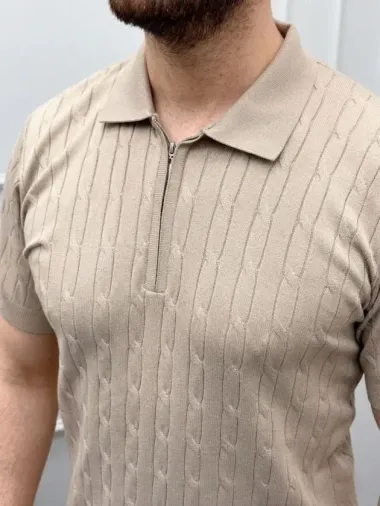 Erkek Yazlık Triko Saç Örgü Tişört Kısa Kol Polo Yaka Fermuarlı T-Shirt - Bej - S - Bej